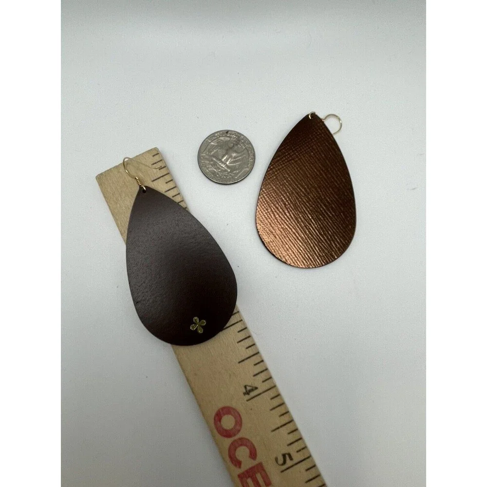 Nickel & Suede Textured Metallic Cocoa Brown Leather Teardrop Earrings New